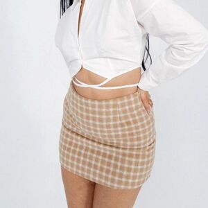 Princess Polly Gracia Faux Felt Plaid Mini Skirt Women's 8 Beige Tan White